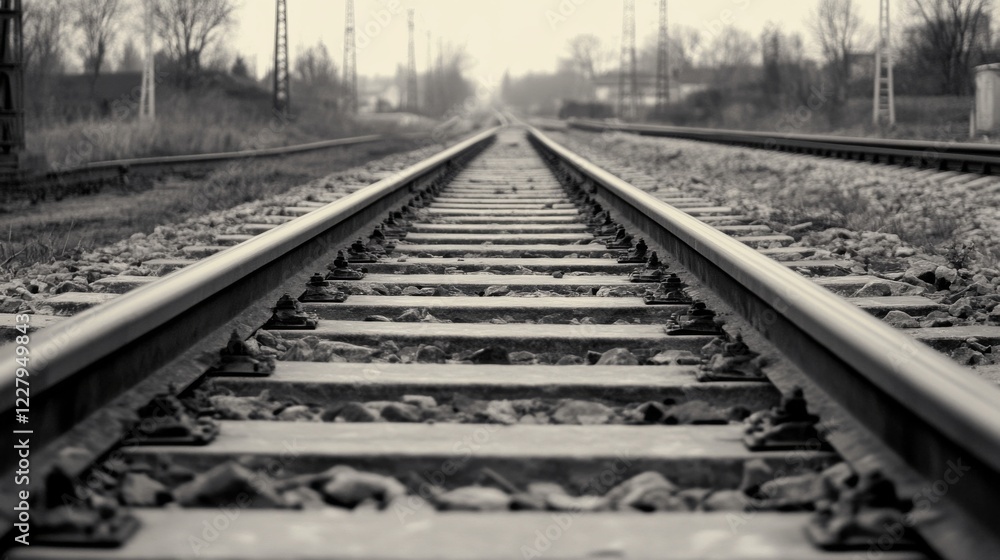 Black and white photo of railway tracks receding into the distance. Black and white photo of railway tracks receding into the distance.
