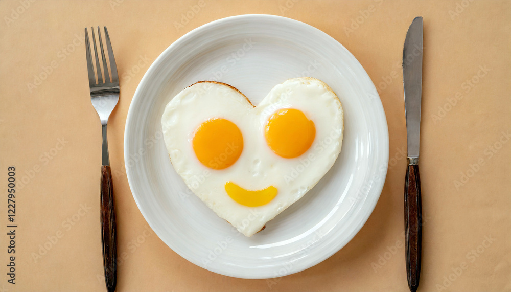 Heart-shaped fried eggs forming a smiling face on a breakfast plate Heart-shaped fried eggs forming a smiling face on a breakfast plate
