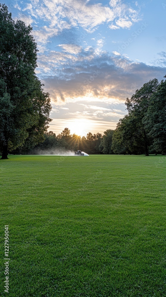 Fototapeta premium Sunlight casts a warm glow on a red tractor applying coating in a lush grain field during sunset, highlighting farm life.