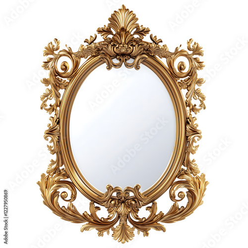 Golden ornate frame mirror vintage isolated on transparent background