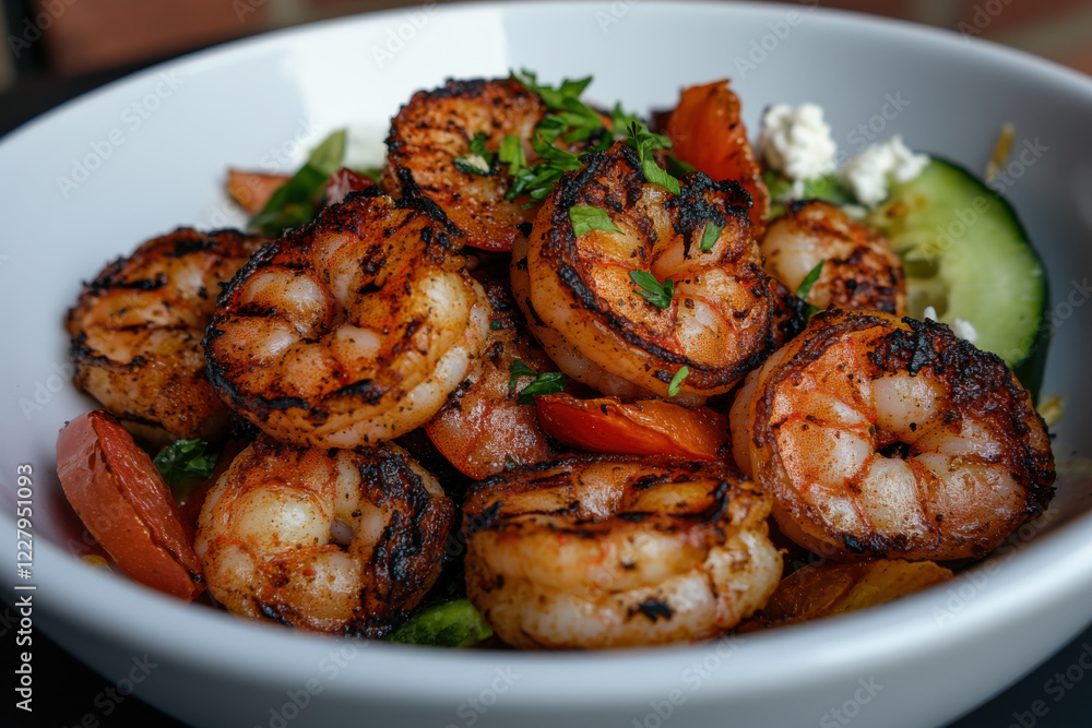 A bowl of shrimp and vegetables with a white plate A bowl of shrimp and vegetables with a white plate
