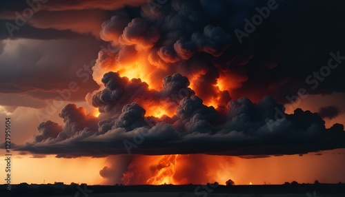 Dramáticas nubes oscuras con llamas brillantes de color naranja y rojo, lo que sugiere un gran incendio o explosión en el fondo. photo