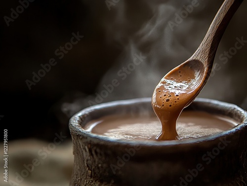 A close-up shot of a spoon dipping into hot chocolate with chocolate coating the spoon and steam rising from the drink, showcasing the texture and warmth. photo