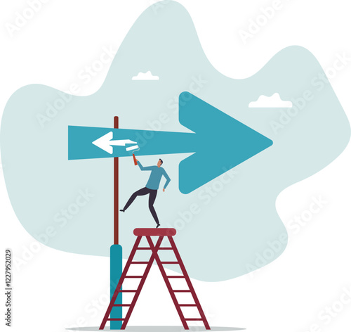 Change to opposite direction, hesitate business decision to change to better opportunity, conflict or reverse direction,business concept.flat character.