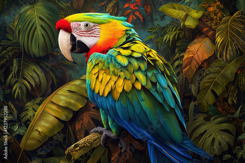 Radiant macaw parrot showcasing vibrant plumage in a lush tropical jungle setting filled with greenery and colorful flora photo