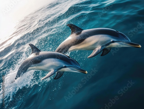 Three dolphins swimming together in the ocean, displaying natural behavior and creating a sense of connection with nature. photo