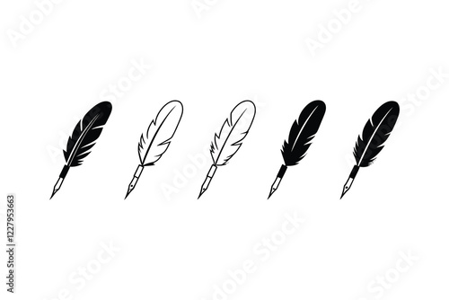 Antique Feather Pen Icons | Quill Writing Vector Set on White Background