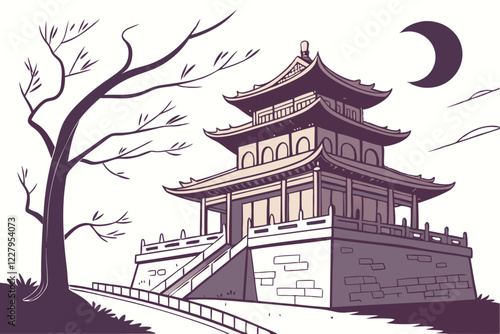 Traditional Chinese pagoda, illuminated at night, watercolor painting style, soft warm glow, ornate architecture, multi-tiered roof, upturned eaves, detailed illustration, tranquil atmosphere, Asian c
