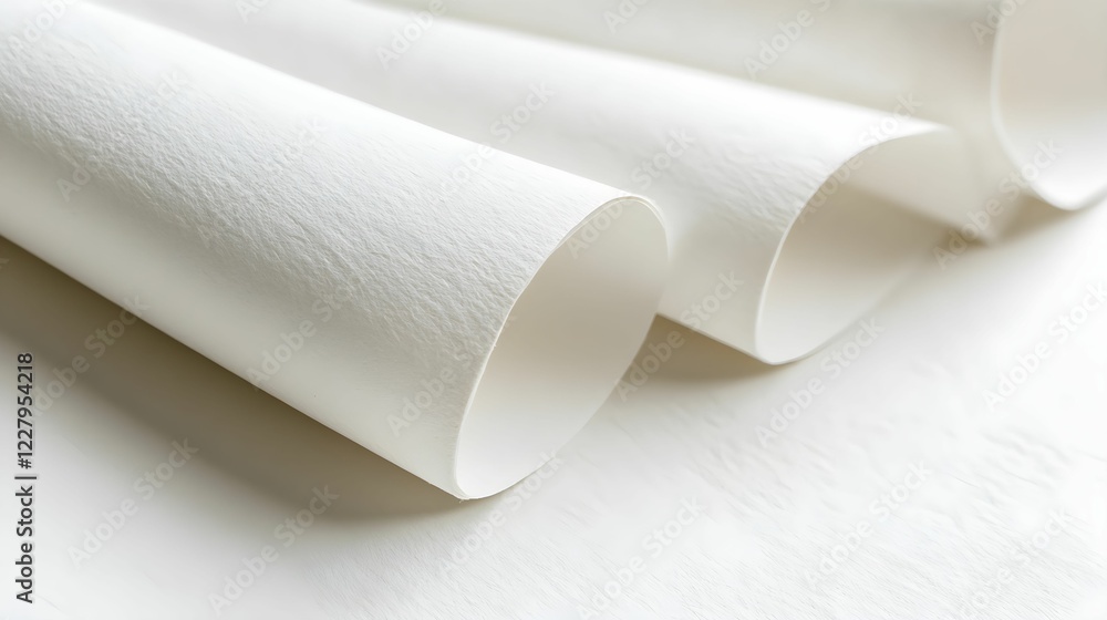 White sheets of textured paper rolled together on a smooth surface in a craft workspace White sheets of textured paper rolled together on a smooth surface in a craft workspace