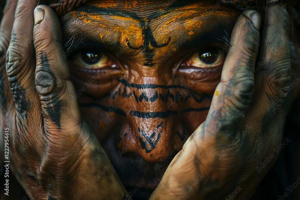Portrait of african tribesman with face painting, head adornment and colourful necklaces