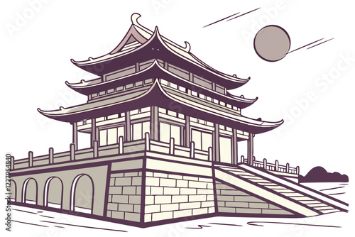 Traditional Chinese pagoda, illuminated at night, watercolor painting style, soft warm glow, ornate architecture, multi-tiered roof, upturned eaves, detailed illustration, tranquil atmosphere, Asian c