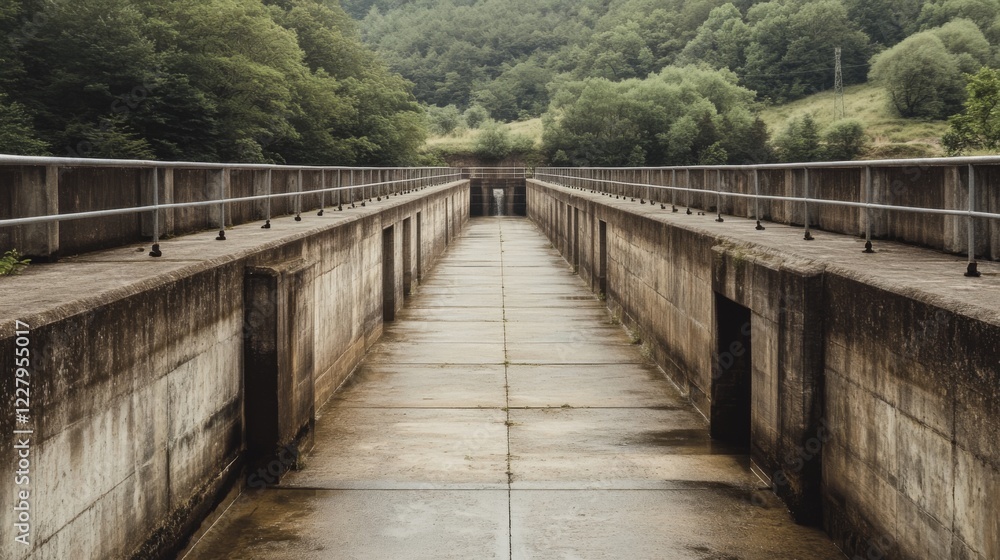 Obraz premium Long concrete pathway on dam with green hills background.