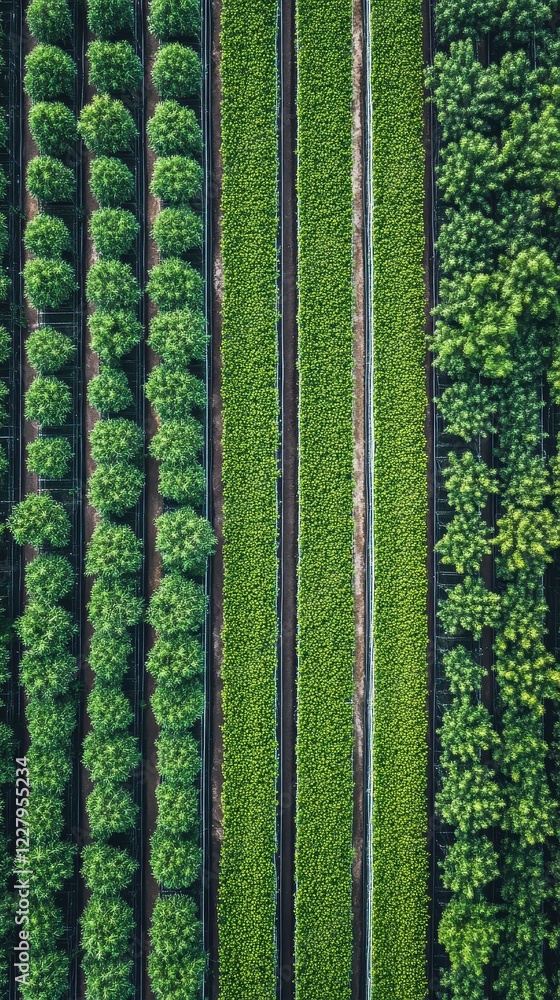 Aerial View of Agricultural Fields: Rows of Lush Green Crops Aerial View of Agricultural Fields: Rows of Lush Green Crops