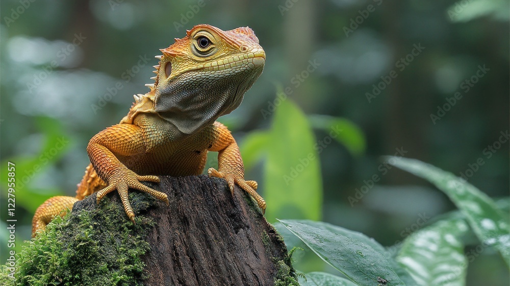 Fototapeta premium Orange lizard on rainforest stump