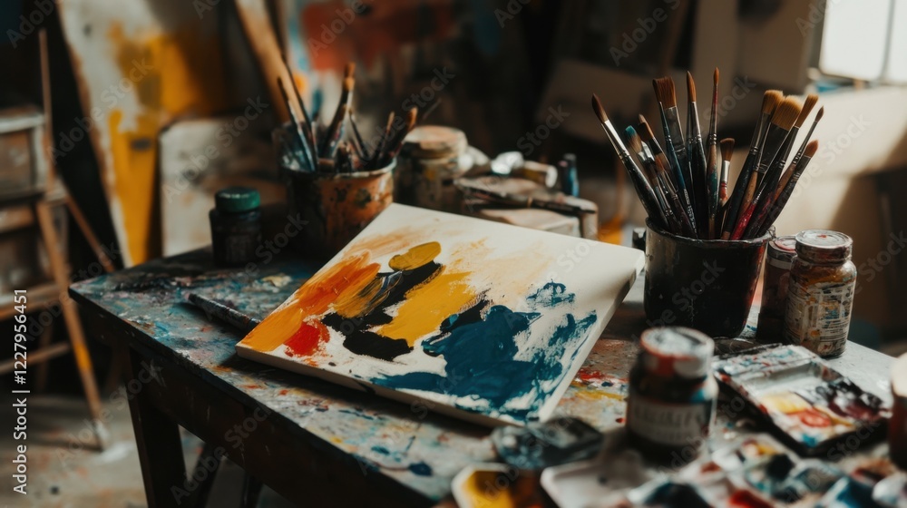 Scene of a painting setup. Featuring canvases, paints, and brushes. Highlighting the process of creating artwork. Ideal for art and creativity blogs. Scene of a painting setup. Featuring canvases, paints, and brushes. Highlighting the process of creating artwork. Ideal for art and creativity blogs.