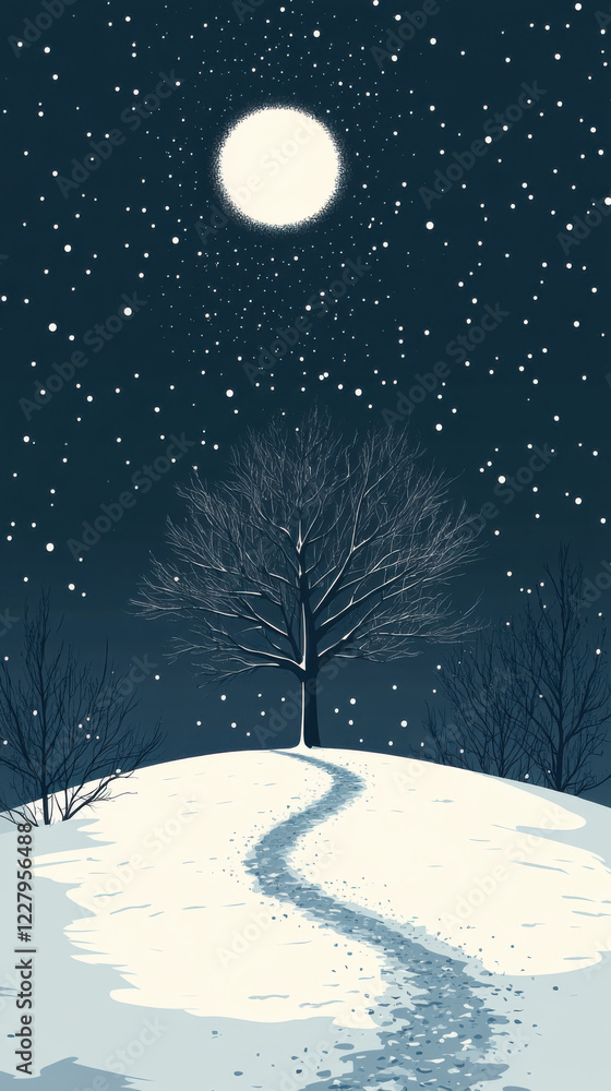 Naklejka premium Winter Solstice Path Under Full Moon