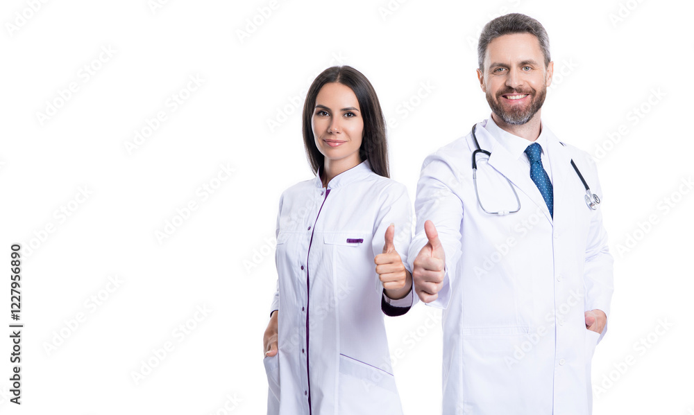 medicine and healthcare advertisement by doctor and nurse showing thumb up isolated on white with copy space