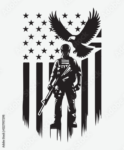 USA Soldier with Eagle Silhouette Military Heroic American Patriot Army Veteran Freedom Symbol Vector Illustration