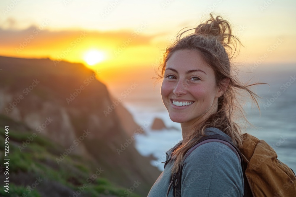 Happy hiker at coastal trail during sunset. Happy hiker at coastal trail during sunset.