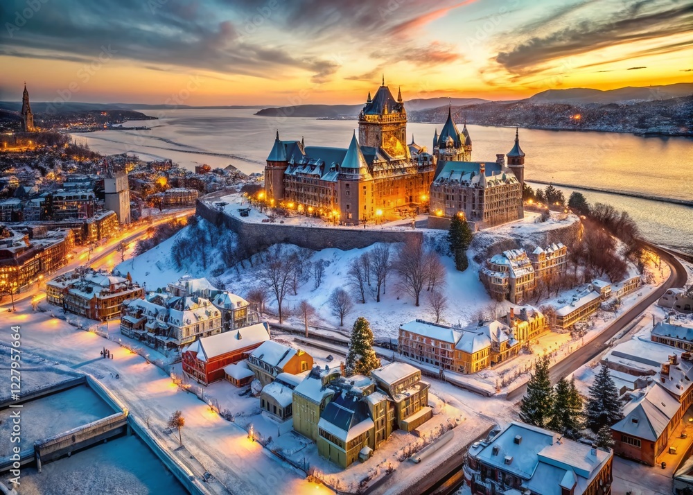 Naklejka premium Icy Morning Aerial View of Old Quebec City, Canada