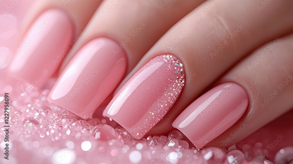 Soft-focus beauty shot of a woman flaunting her long ballerina nails with a pink glitter and gold flakes manicure Soft-focus beauty shot of a woman flaunting her long ballerina nails with a pink glitter and gold flakes manicure