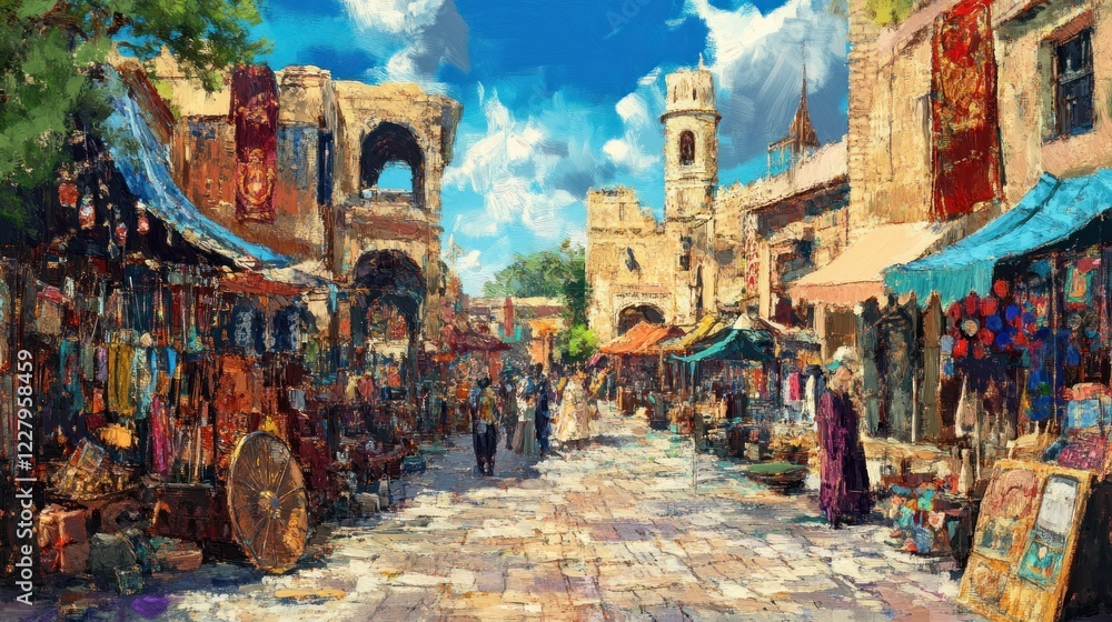Fototapeta premium Vibrant Medieval Marketplace: A Day in the Sun-Drenched Cobblestone Streets