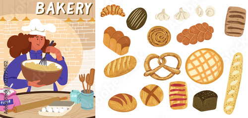 Female chef mix dough semi flat colorful vector character. Set bakery illustration. Hand drawn vector illustration.