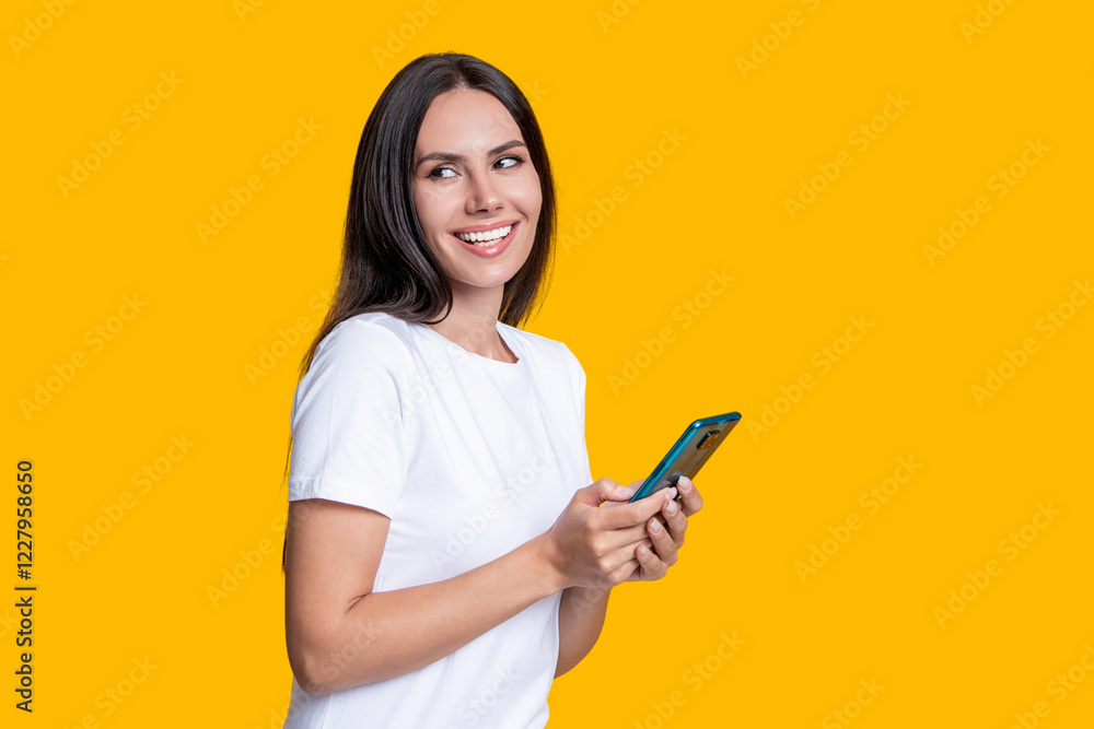 Chatting and texting SMS. Millennial woman chat online. Woman blogging on phone. Communication chat. Woman blogger use smartphone isolated on yellow. Surfing internet and blogging. Advertisement Chatting and texting SMS. Millennial woman chat online. Woman blogging on phone. Communication chat. Woman blogger use smartphone isolated on yellow. Surfing internet and blogging. Advertisement
