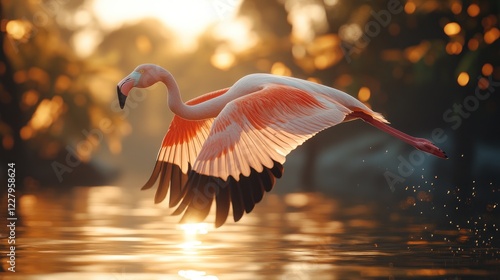 Pink flamingo in flight over a tranquil sunrise lake