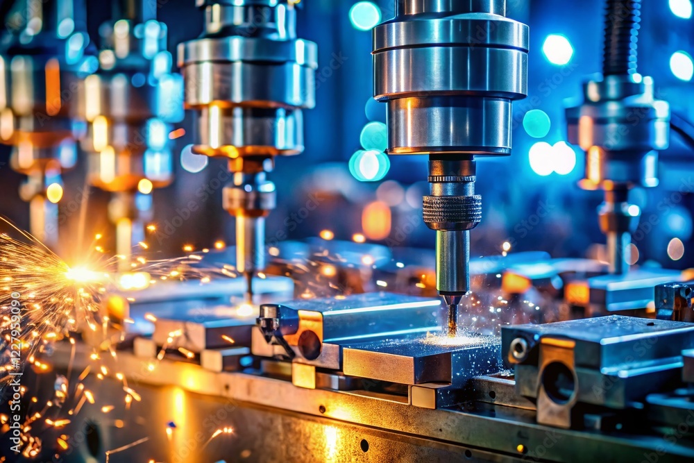 Industrial Metal Factory: CNC Drilling Machines with Bokeh Background Industrial Metal Factory: CNC Drilling Machines with Bokeh Background