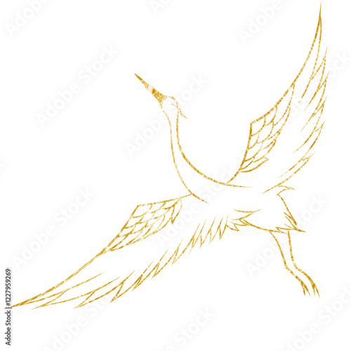 Golden sparkling outline Crane, golden glittering 
