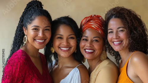 Diverse group of women with radiant smiles showcase natural beauty and authentic joy while wearing vibrant clothing in red, white, yellow and accessorizing with statement jewelry. photo