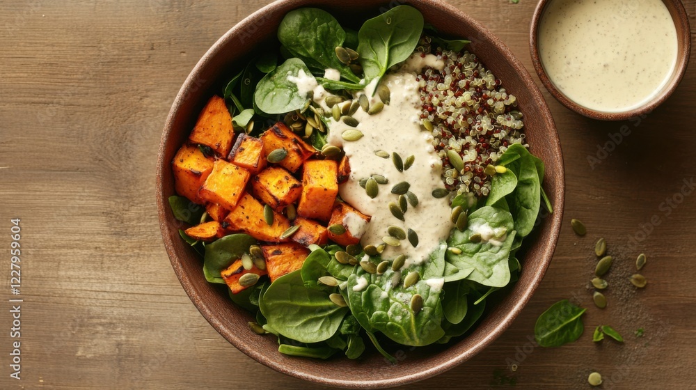 A fresh and vibrant salad bowl with roasted sweet potatoes, quinoa, spinach A fresh and vibrant salad bowl with roasted sweet potatoes, quinoa, spinach