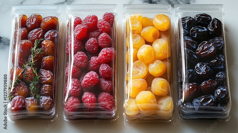 Packed dried dates, raspberries, apricots, and prunes on marble Packed dried dates, raspberries, apricots, and prunes on marble