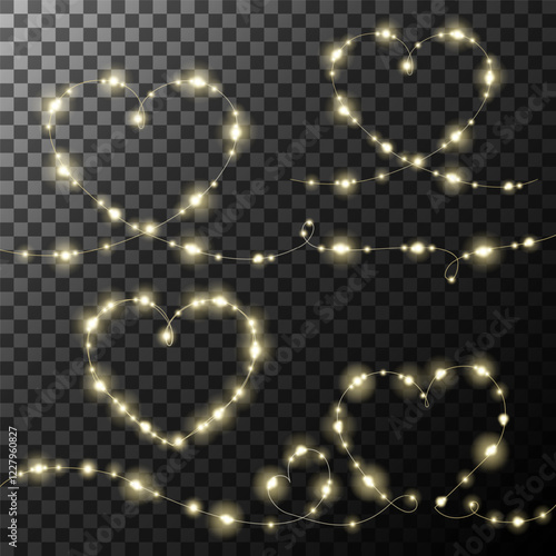 Heart-shaped fairy lights with a warm glow, borders and frames set on a transparent background. Twinkling LED string lights form decorative heart patterns, perfect for romantic designs.Vector 