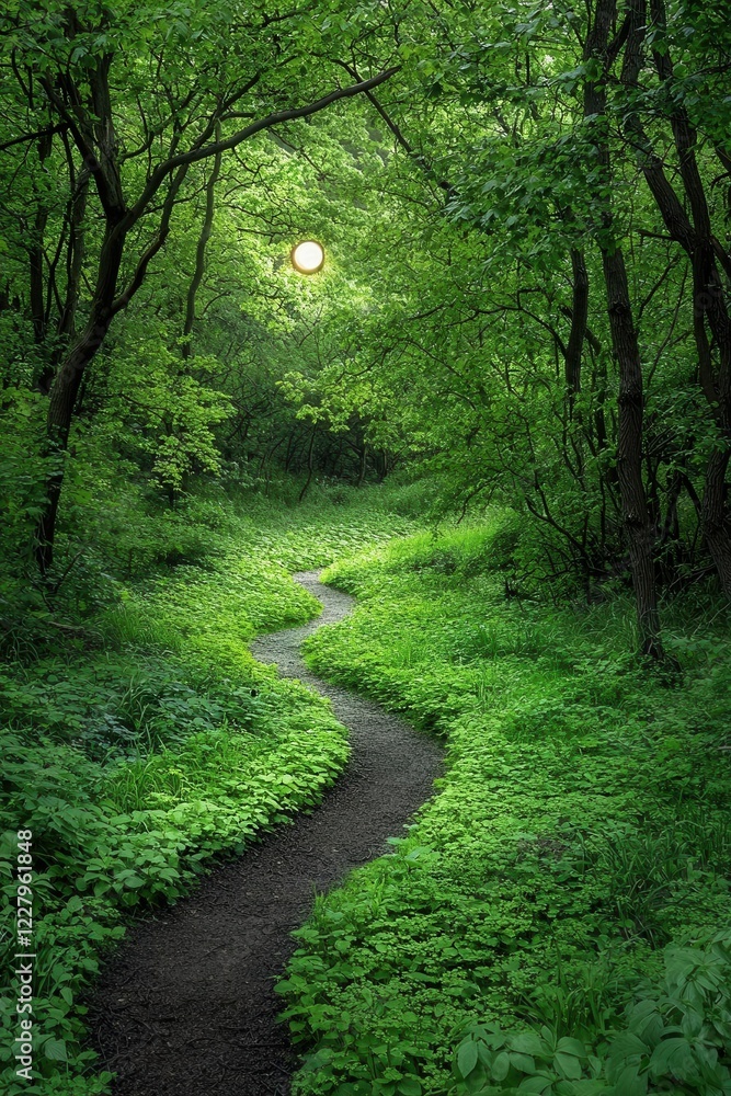 Fototapeta premium A serene path winding through a lush, green forest at sunset.