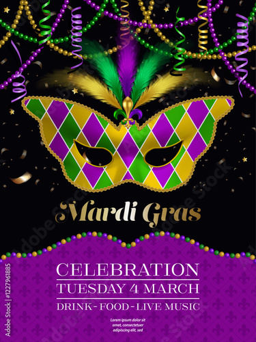 mardi gras poster with butterfly shaped mask, feathers, beads and streamers. carnival party flyer