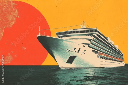 Retro-style cruise ship sailing at sunset. Vintage travel poster aesthetic. Ocean liner against vibrant orange sky. Maritime adventure and luxury vacation concept