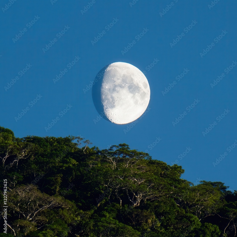 A stunning view of a crescent moon above lush green trees. A stunning view of a crescent moon above lush green trees.