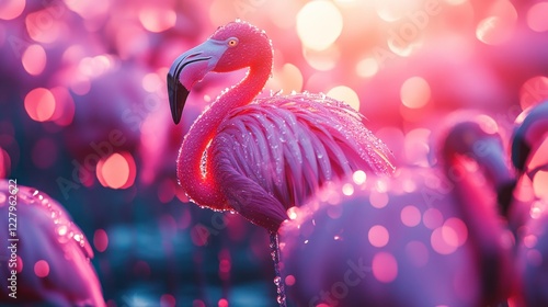 Pink flamingos in a vibrant sunset bokeh photo