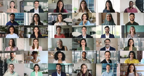 Collage of faces shown in multiple grids, group of men and women representing diversity, inclusion, global connectivity. Collaboration across cultures and industries. Professionalism, communication