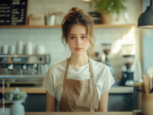 Waitress in uniform serving drinks at a coffee shop.