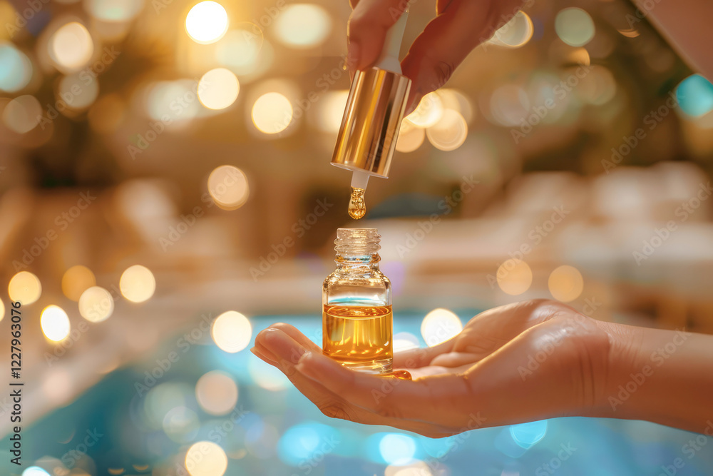 A close-up of a glass bottle with a pipette, showcasing organic essential oil for aromatherapy and skincare in a spa setting