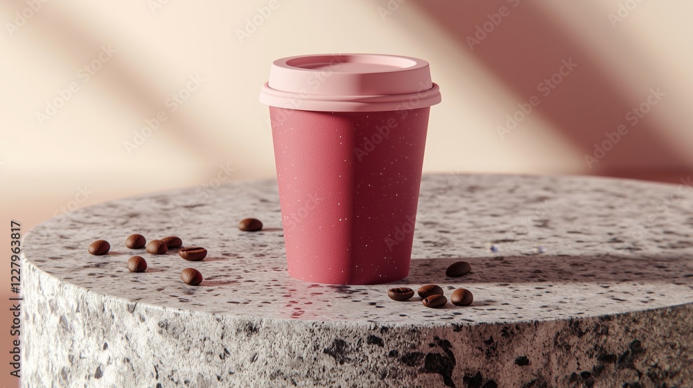 Stylish Cranberry Blank Red Paper Cup with a Soft Blush Pink Lid, Elegantly Placed on a Polished Granite Surface with Coffee Beans and Muted Pink and Beige Gradient Background with Copy Space Stylish Cranberry Blank Red Paper Cup with a Soft Blush Pink Lid, Elegantly Placed on a Polished Granite Surface with Coffee Beans and Muted Pink and Beige Gradient Background with Copy Space