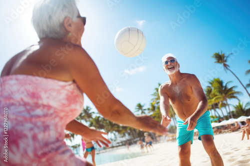 A senior couple enjoys a friendly game of beach volleyball as the sun sets over the horizon, soaking in the summer vibes of their vacation.