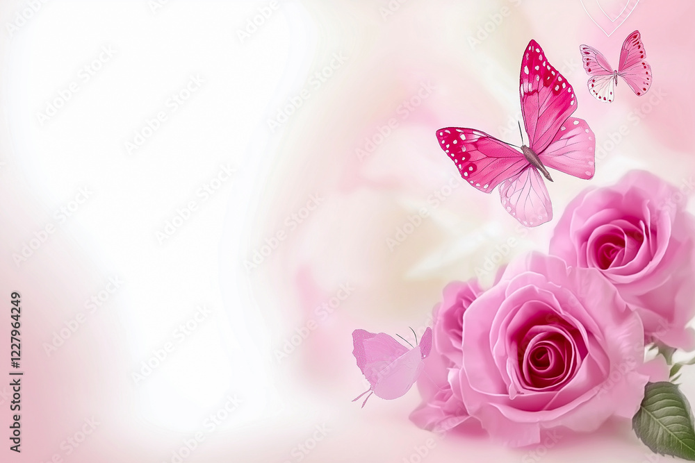 Illustration of red roses and flying butterflies for the design of albums, banners Illustration of red roses and flying butterflies for the design of albums, banners