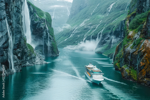 A scenic trip along the northern coast, showcasing the breathtaking scenery of fjord and wanderlust of a cruise ship vacation photo