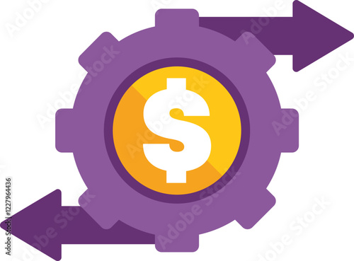 Purple gear with gold dollar sign inside converting money with arrows representing a financial process