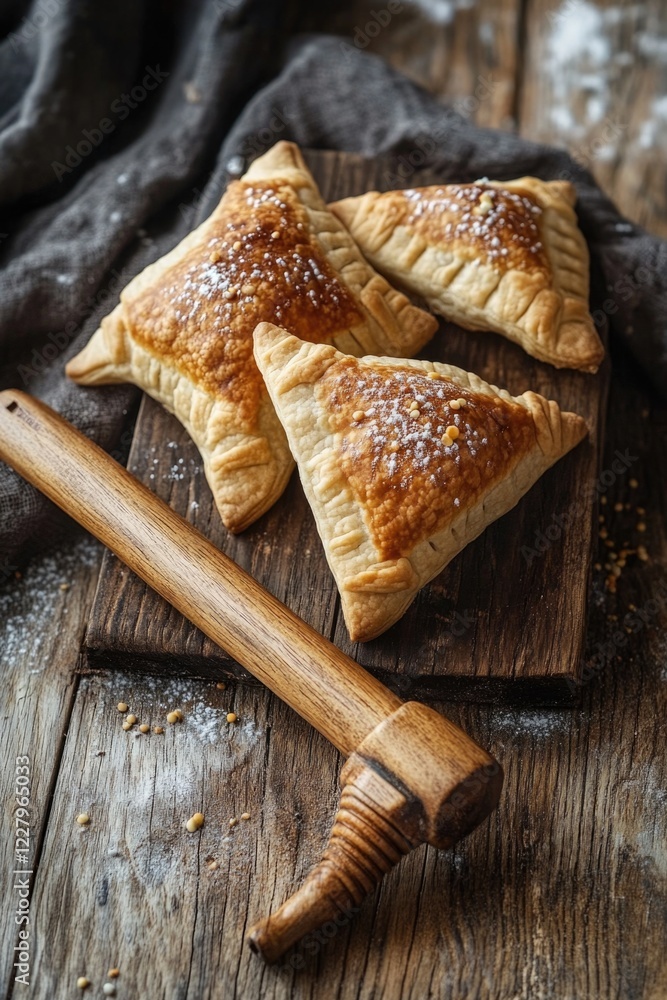 Three sugar-coated pastries, likely puffed and flaky, sitting on a wooden cutting board. Perfect for dessert or snack time. Three sugar-coated pastries, likely puffed and flaky, sitting on a wooden cutting board. Perfect for dessert or snack time.