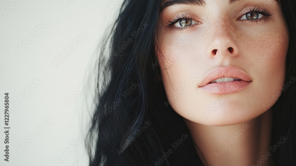 Obraz premium A close-up portrait of a beautiful young woman with long black hair, and a serene expression, showcasing natural beauty and elegance and tranquility, professional studio portrait photography. White ba